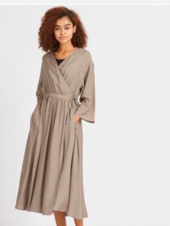 Uniqlo Dresses & Skirts - Uniqlo Taupe Wrap Midi Dress with Waist Tie